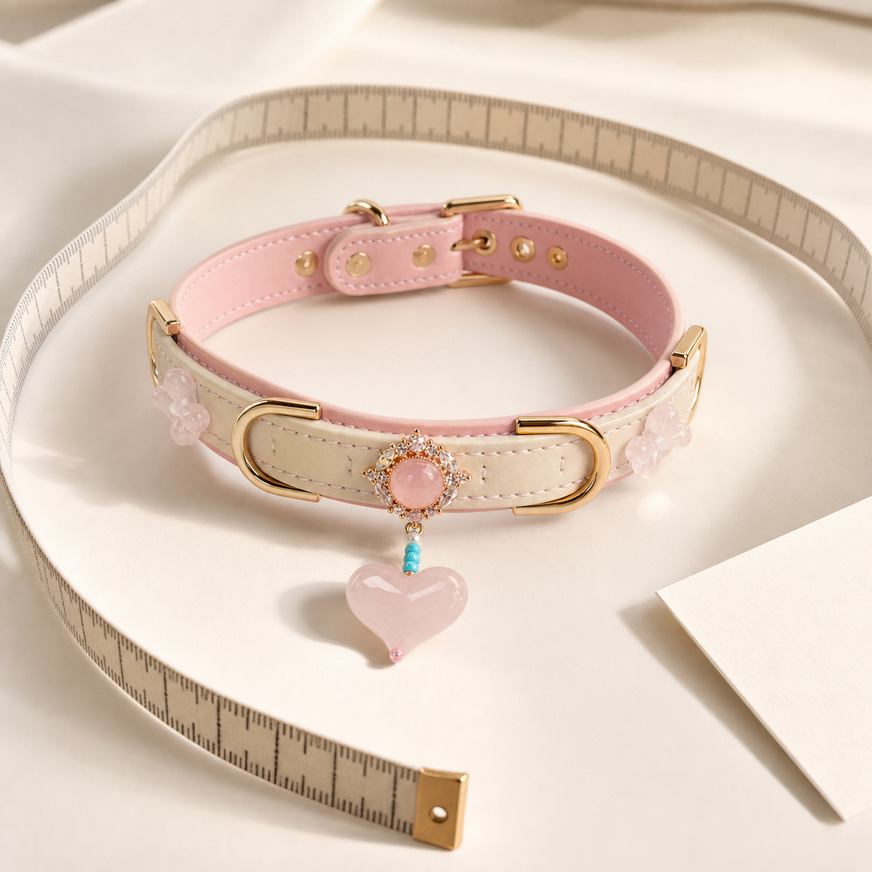 Blush pink XESODIT heart collar arranged with a flexible measuring tape