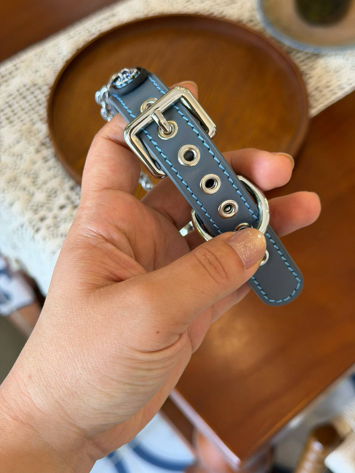 Luxury Black Pet Collar with Blue Stitching, Crystal Accents & Cat Charm