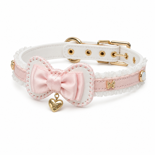 Handmade Blush Pink Ruffle Bow BDSM Collar with Heart Charm