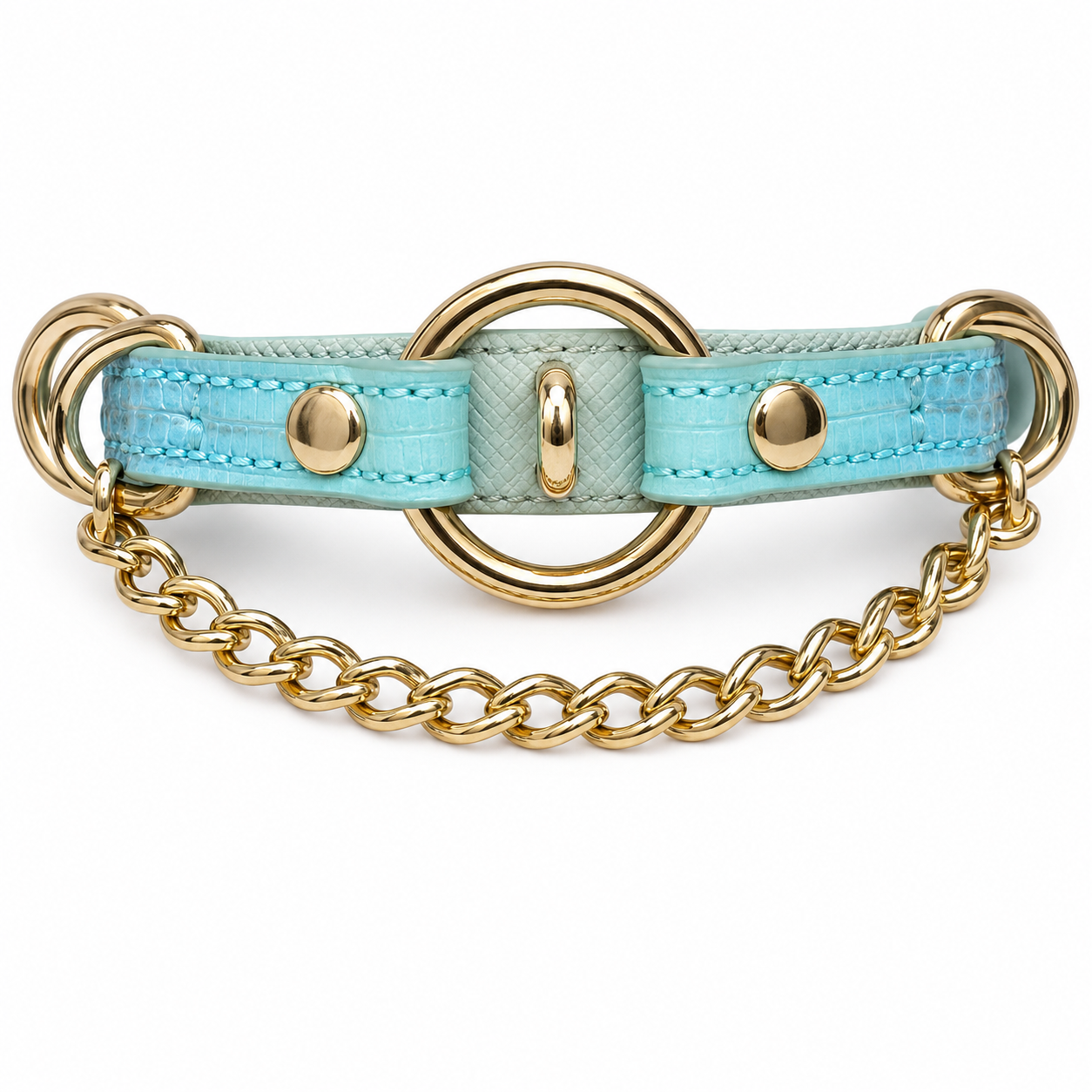 Handmade Aqua Blue O-Ring BDSM Collar with Gold-Tone Chain