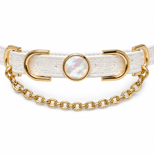 Handmade White Iridescent BDSM Collar with Gold-Tone Chain