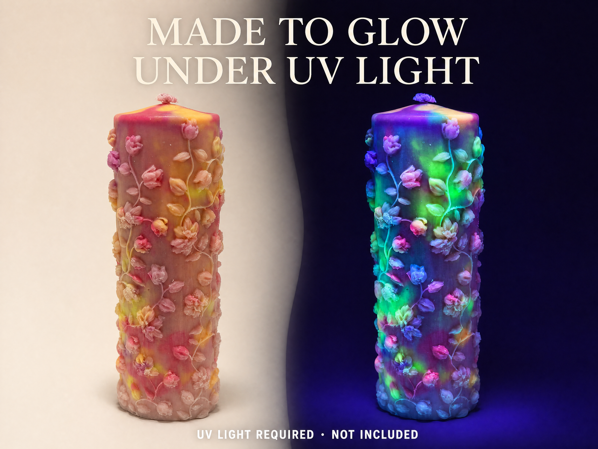 XESODIT Aurora Garden Floral Pillar – UV Glow Low-Temperature Wax Play Candle