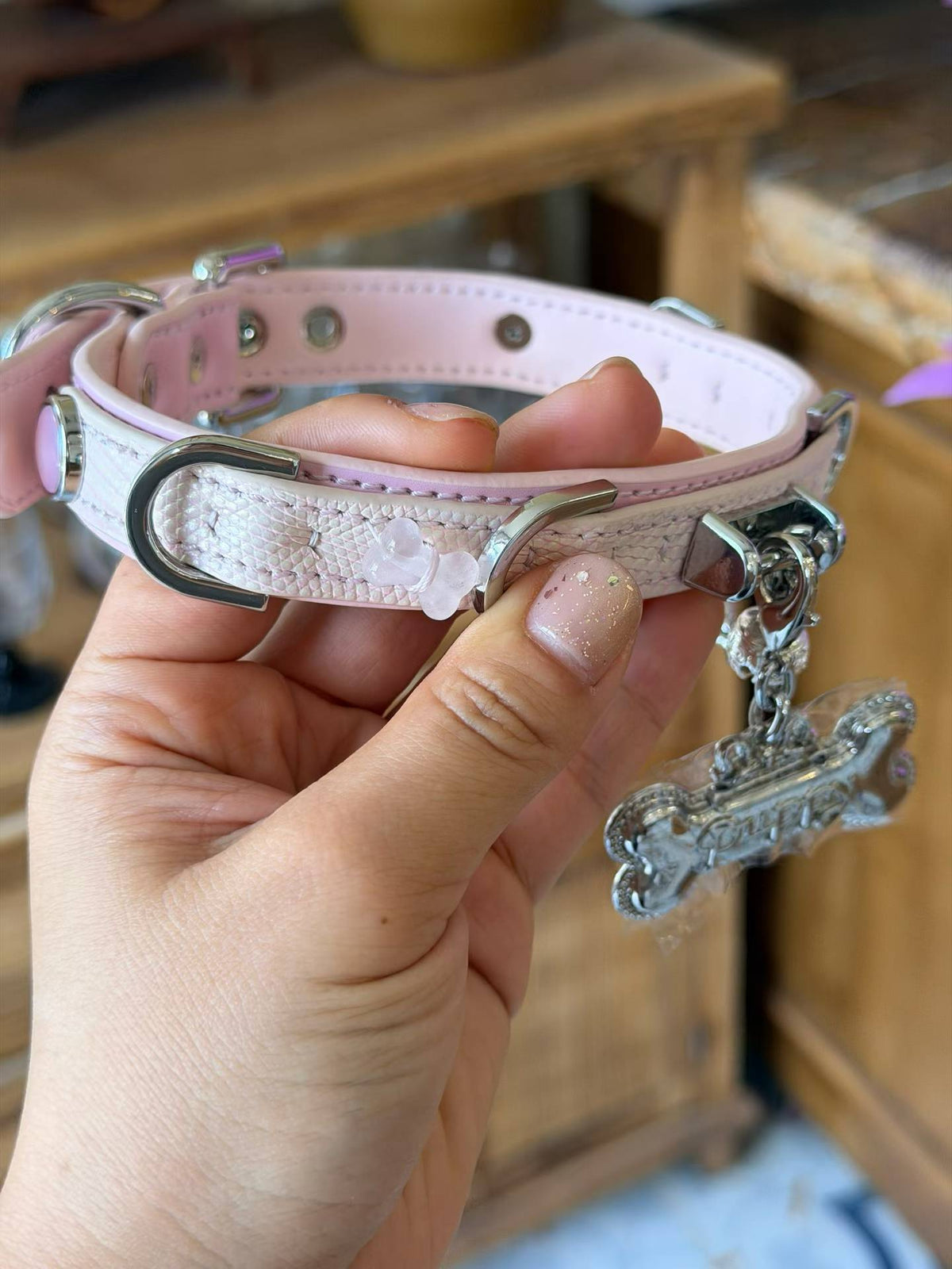 Pink Pearl Scale Choker Collar with Silver Puppy Tag & Bell