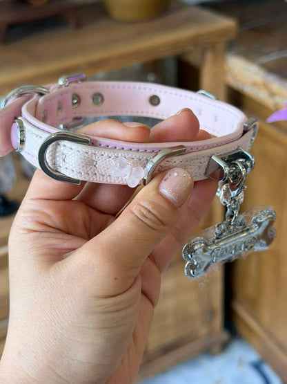 Pink Pearl Scale Choker Collar with Silver Puppy Tag & Bell