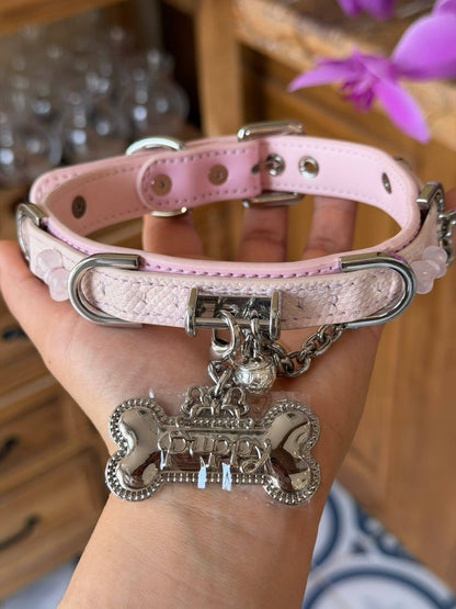 Pink Pearl Scale Choker Collar with Silver Puppy Tag & Bell
