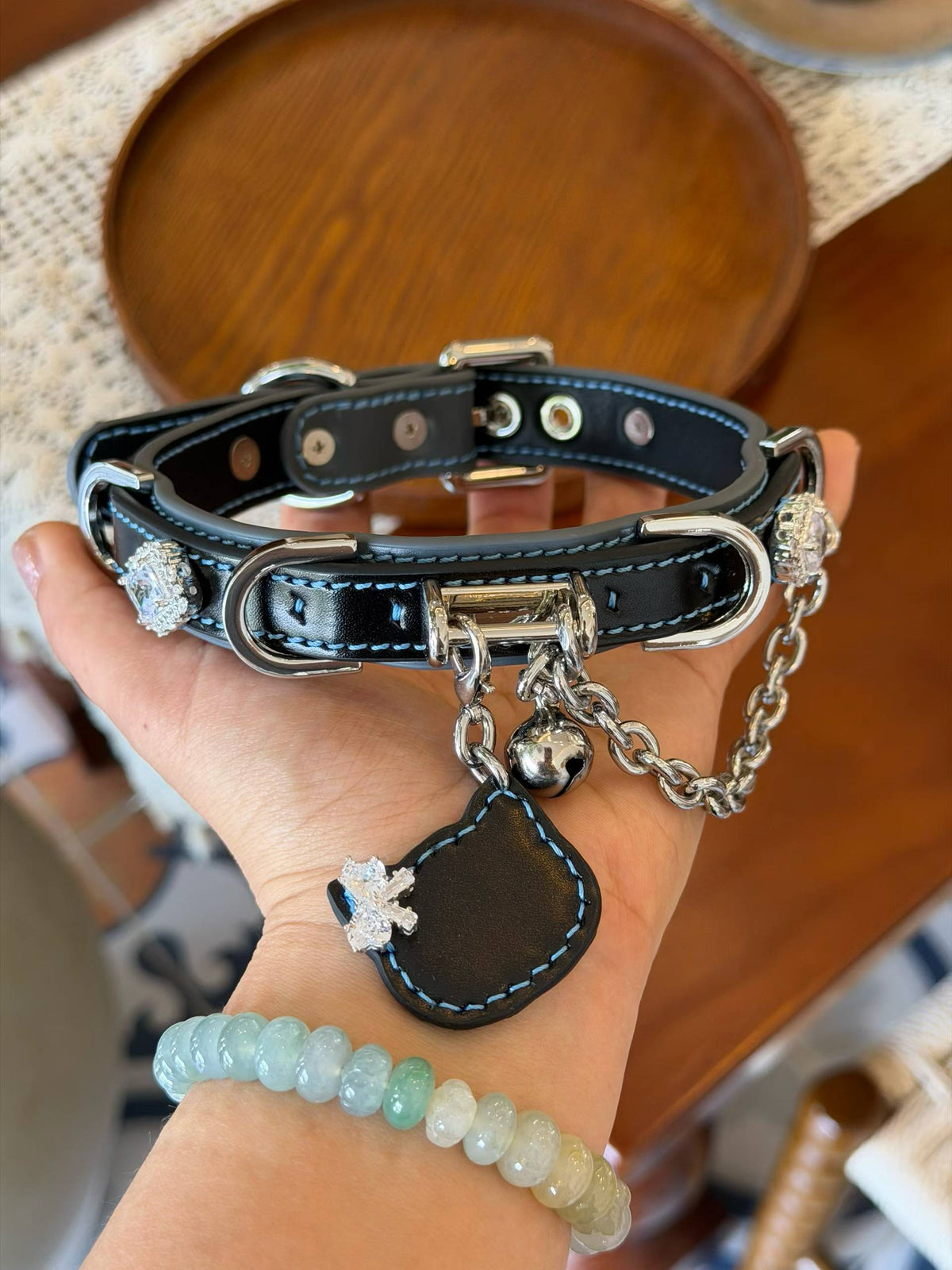 Luxury Black Pet Collar with Blue Stitching, Crystal Accents & Cat Charm
