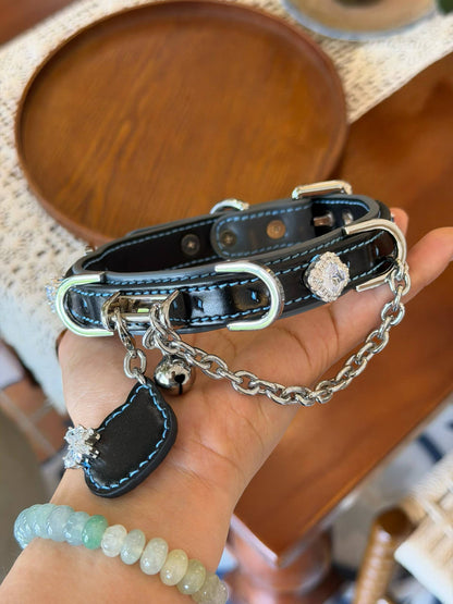 Luxury Black Pet Collar with Blue Stitching, Crystal Accents & Cat Charm