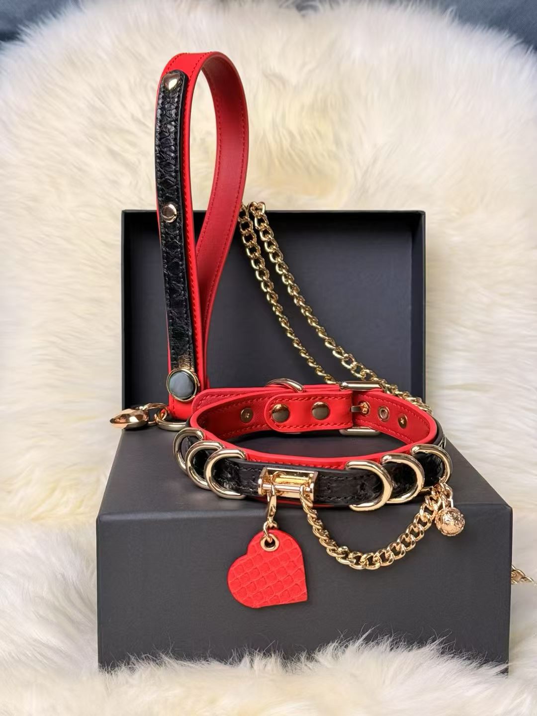 Red & Black Luxury Pet Collar with Gold Hardware and Heart Charm