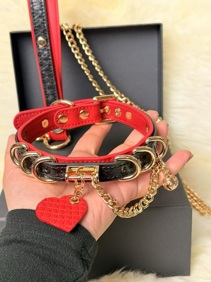 Red & Black Luxury Pet Collar with Gold Hardware and Heart Charm