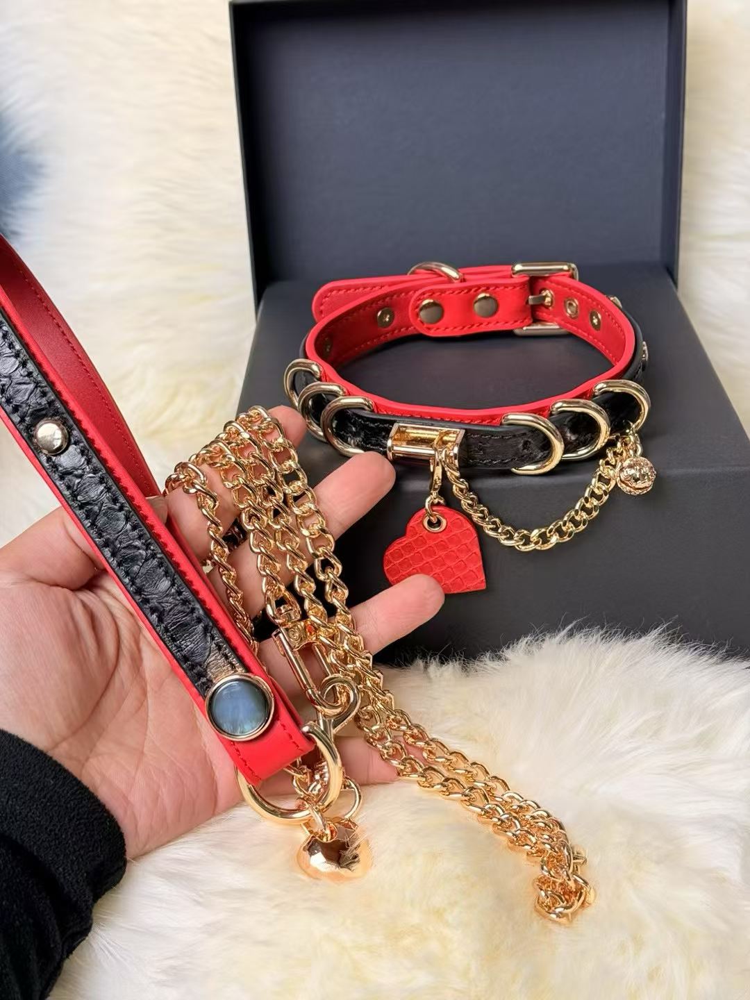 Red & Black Luxury Pet Collar with Gold Hardware and Heart Charm