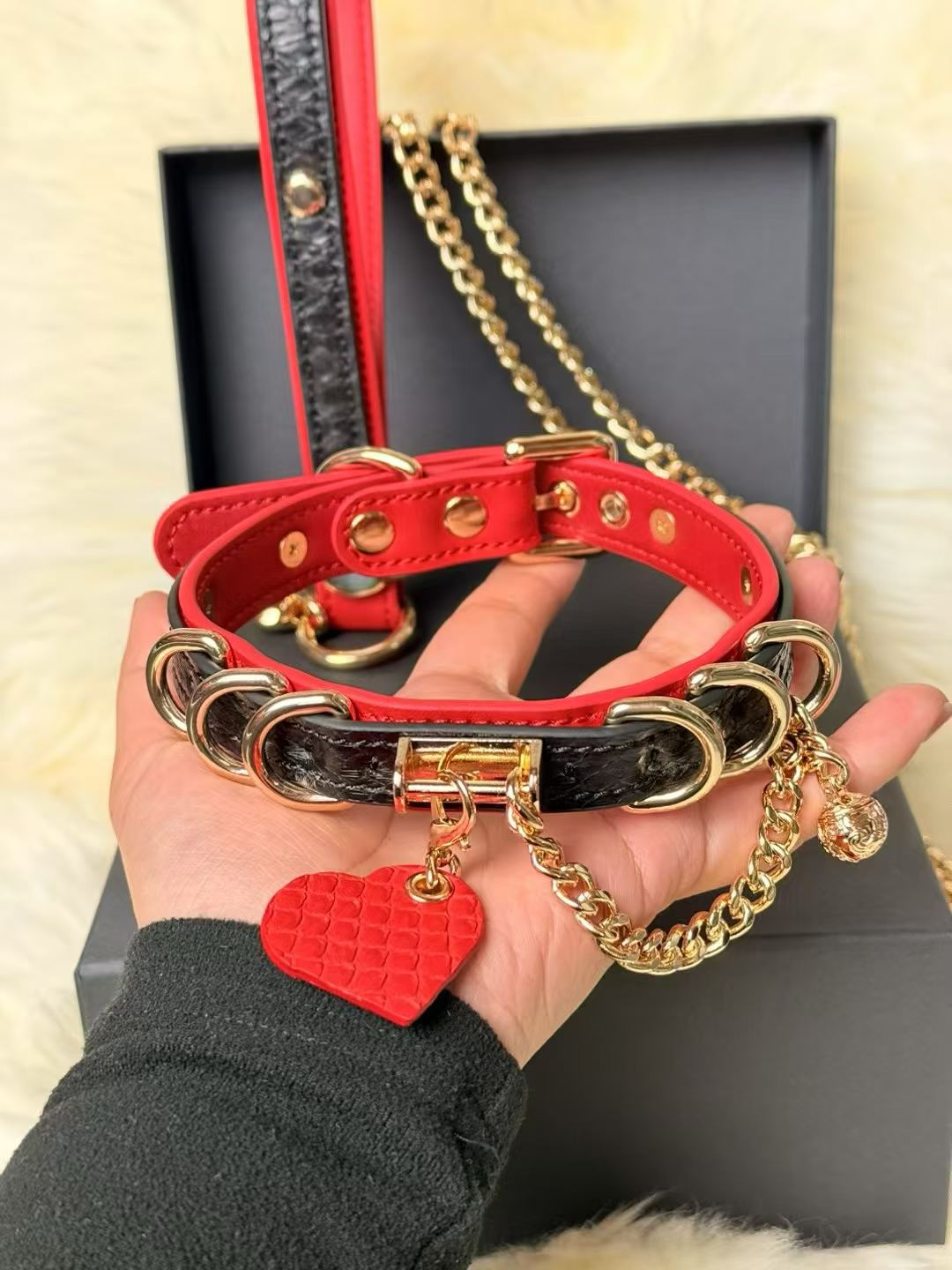 Red & Black Luxury Pet Collar with Gold Hardware and Heart Charm