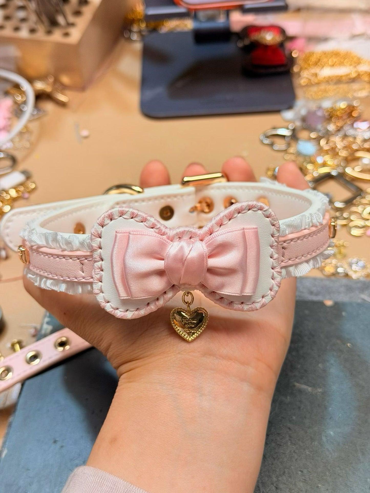 Handmade Blush Pink Ruffle Bow BDSM Collar with Heart Charm