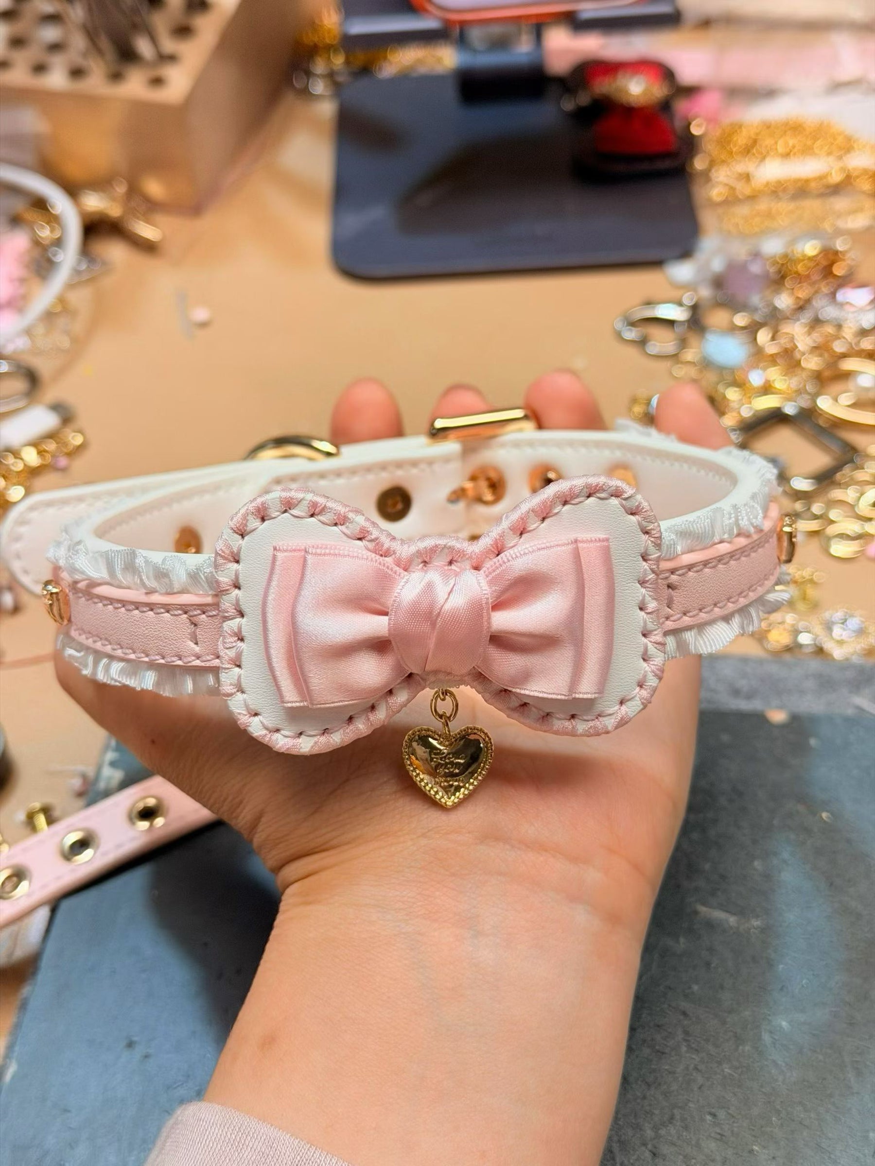 Handmade Blush Pink Butterfly BDSM Collar with Bell