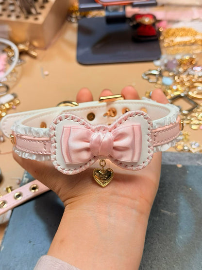 Handmade Blush Pink Ruffle Bow BDSM Collar with Heart Charm