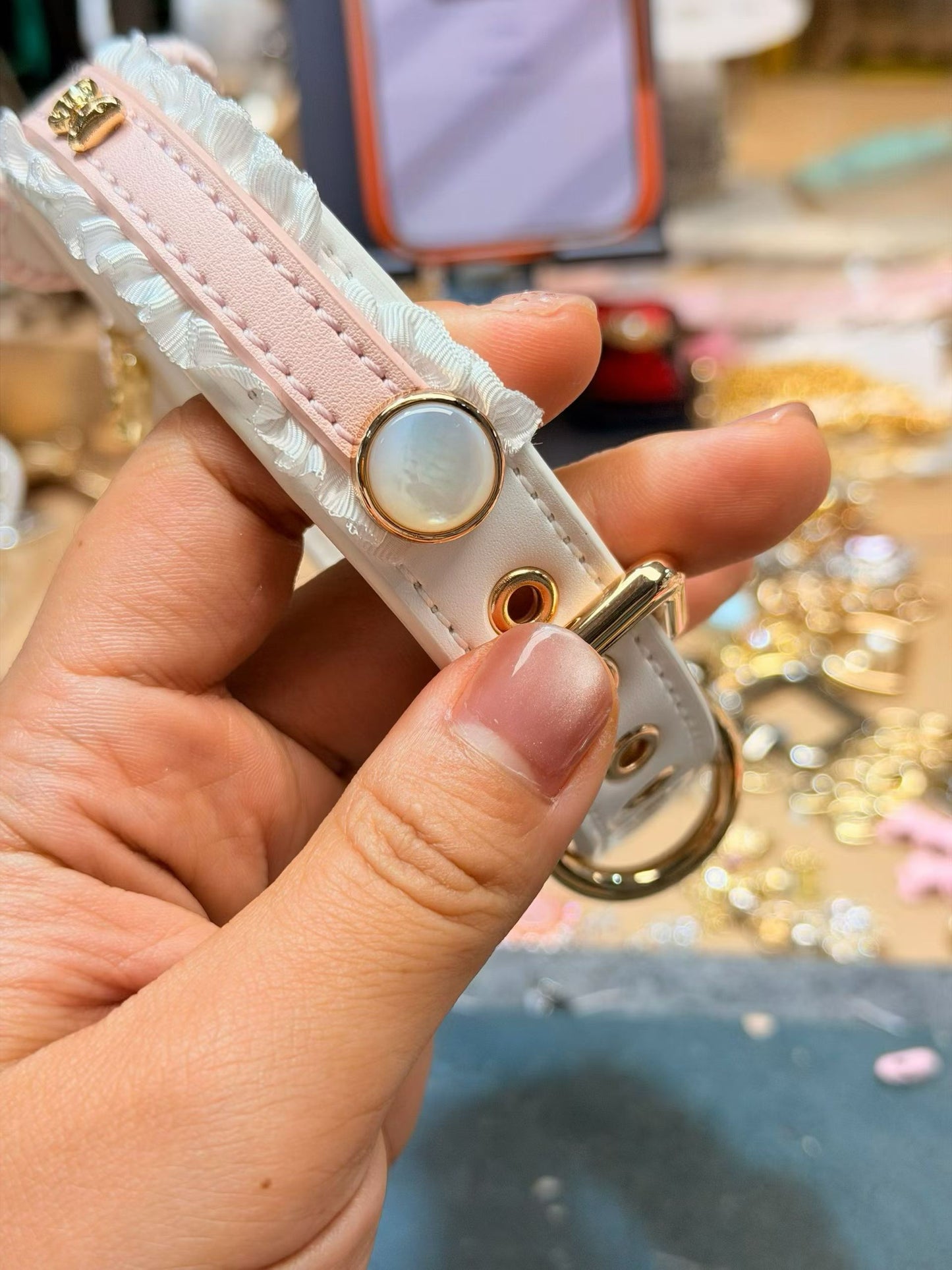 Handmade Blush Pink Ruffle Bow BDSM Collar with Heart Charm