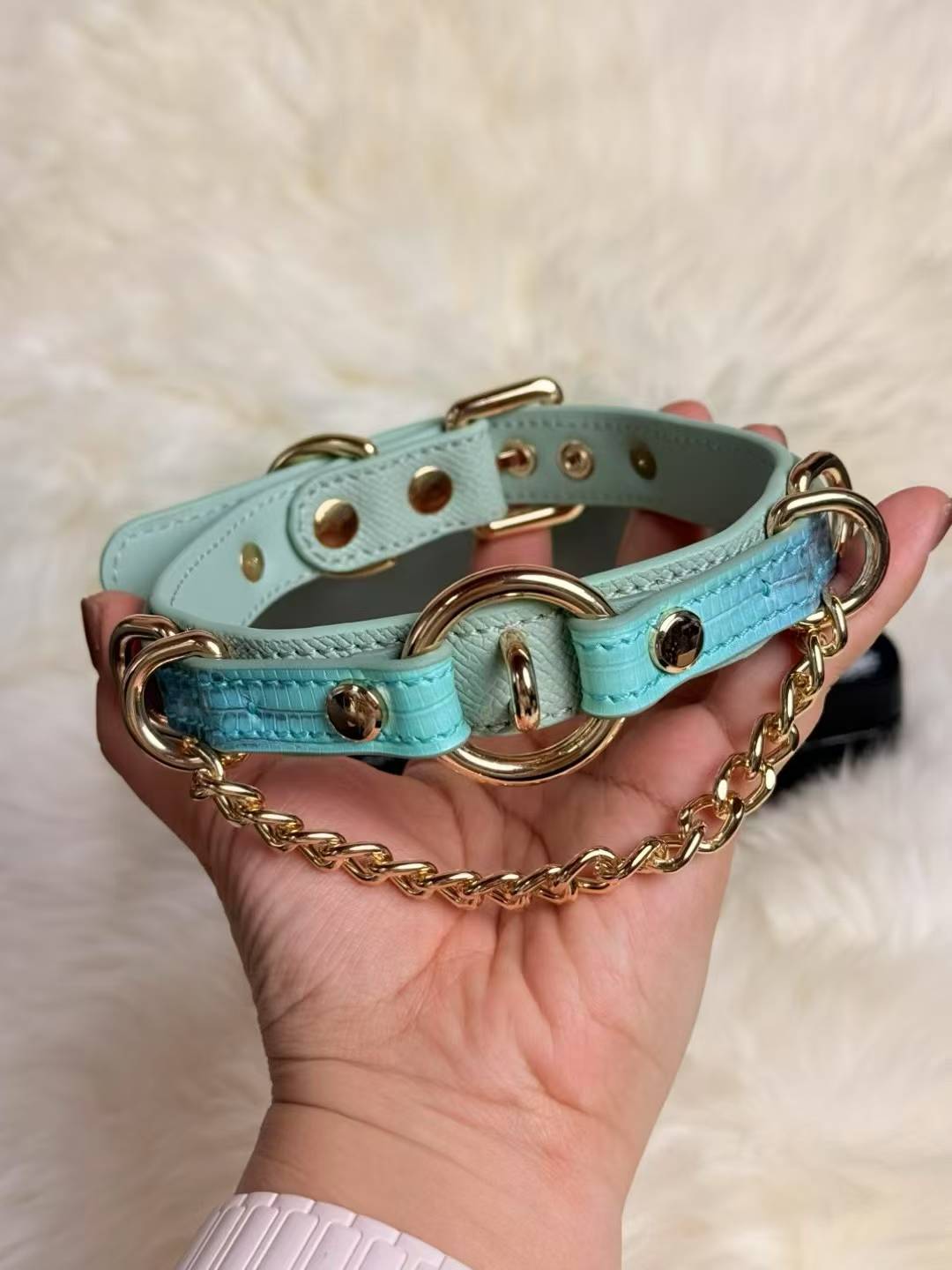Handmade Aqua Blue O-Ring BDSM Collar with Gold-Tone Chain