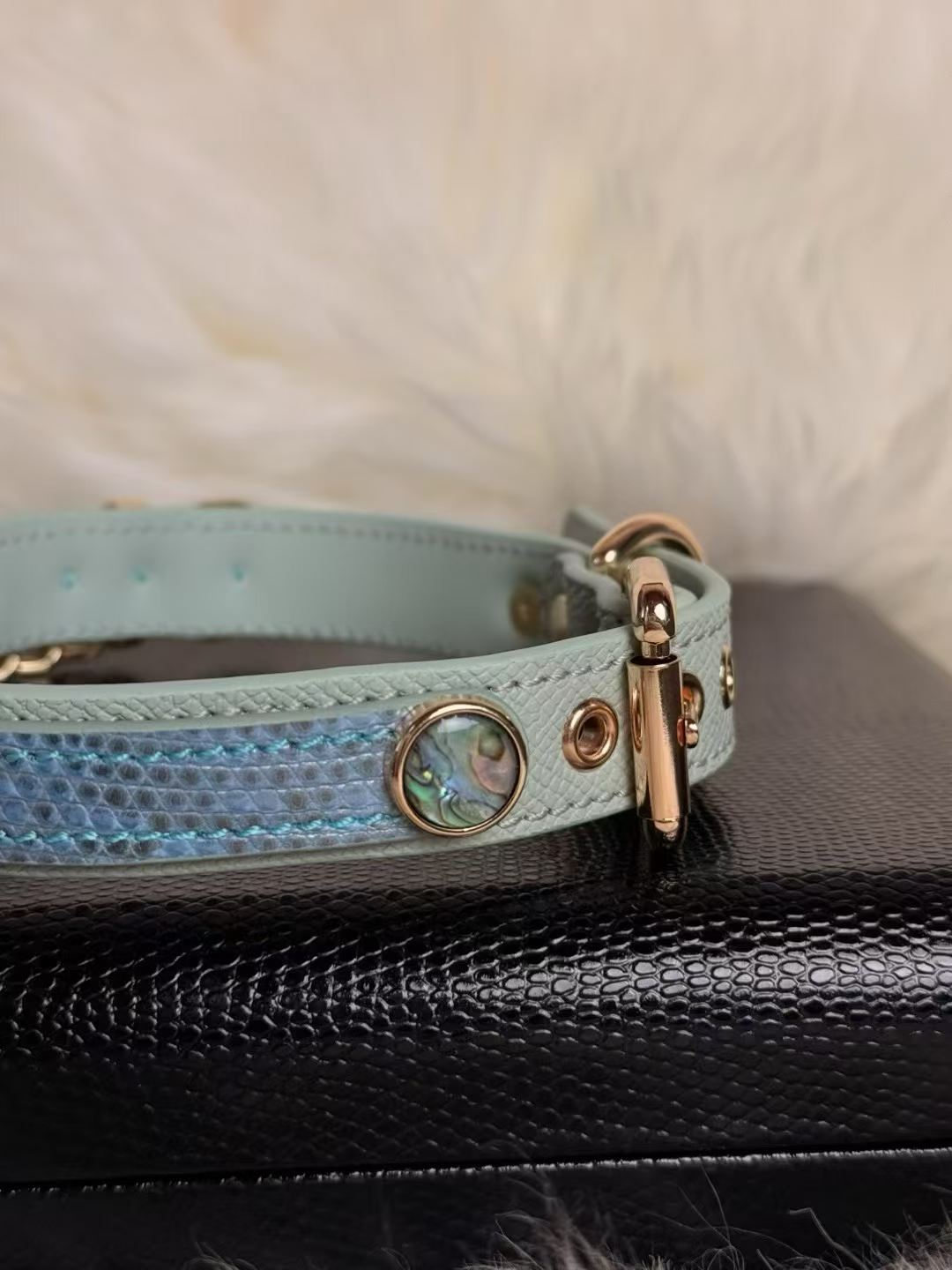 Handmade Aqua Blue O-Ring BDSM Collar with Gold-Tone Chain