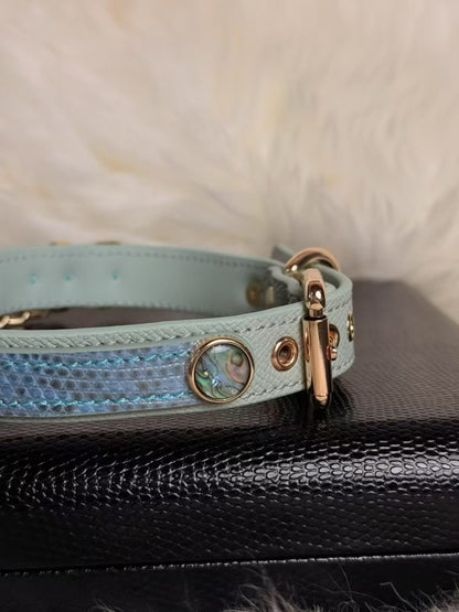 Handmade Aqua Blue O-Ring BDSM Collar with Gold-Tone Chain