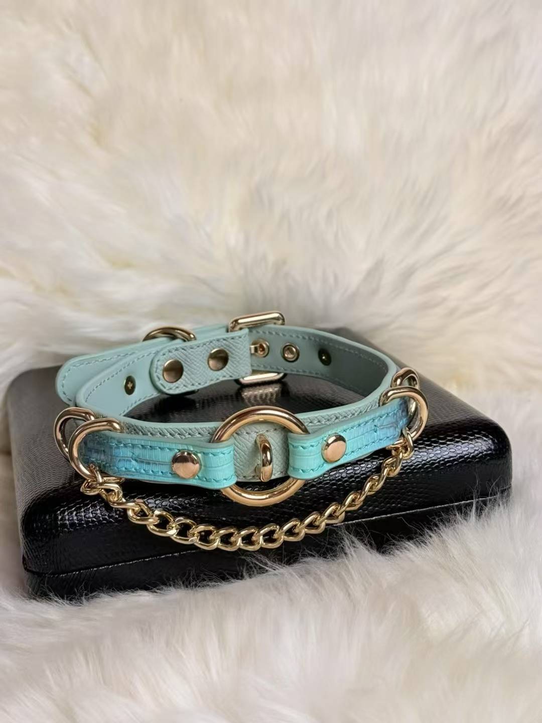 Handmade Aqua Blue O-Ring BDSM Collar with Gold-Tone Chain