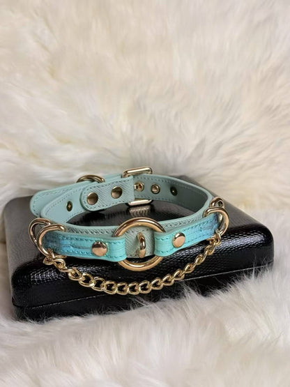 Handmade Aqua Blue O-Ring BDSM Collar with Gold-Tone Chain