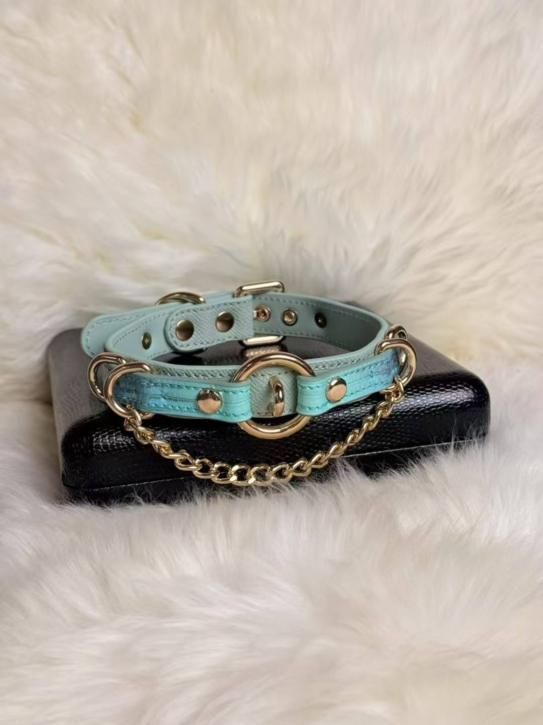 Handmade Aqua Blue O-Ring BDSM Collar with Gold-Tone Chain