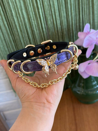 Handmade Metallic Purple Butterfly BDSM Collar with Gold-Tone Chain