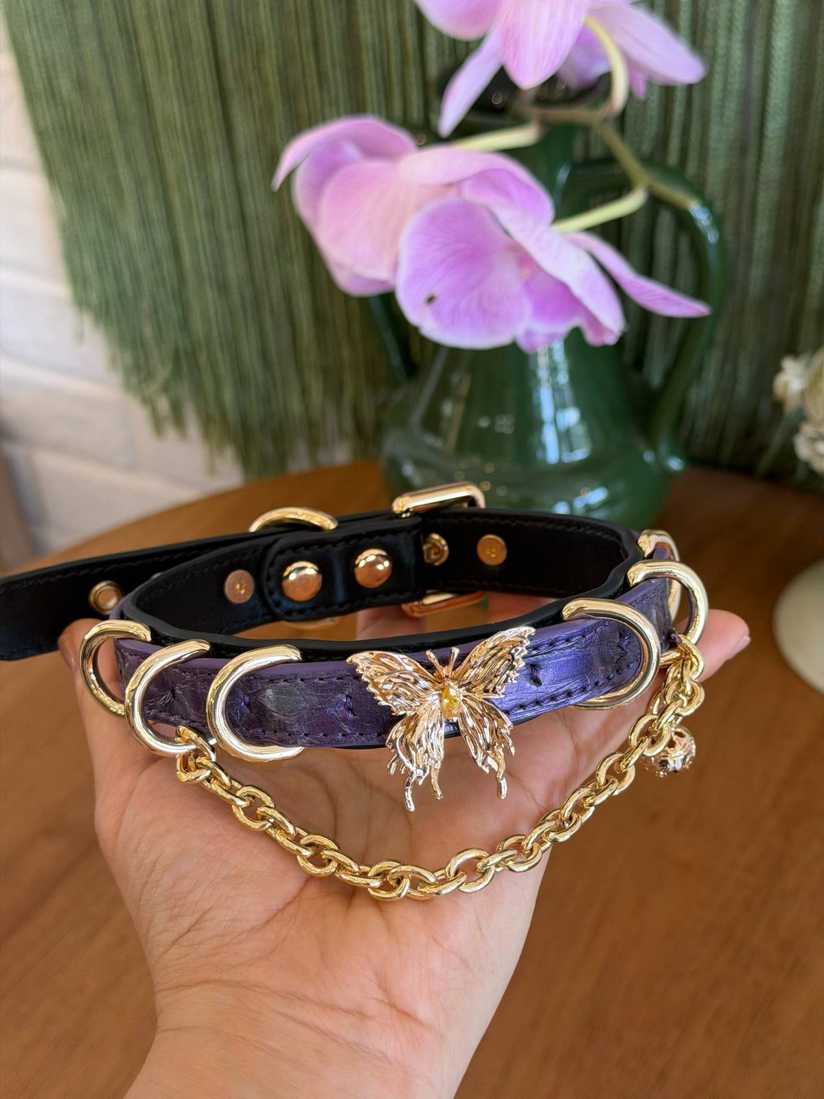Handmade Metallic Purple Butterfly BDSM Collar with Gold-Tone Chain