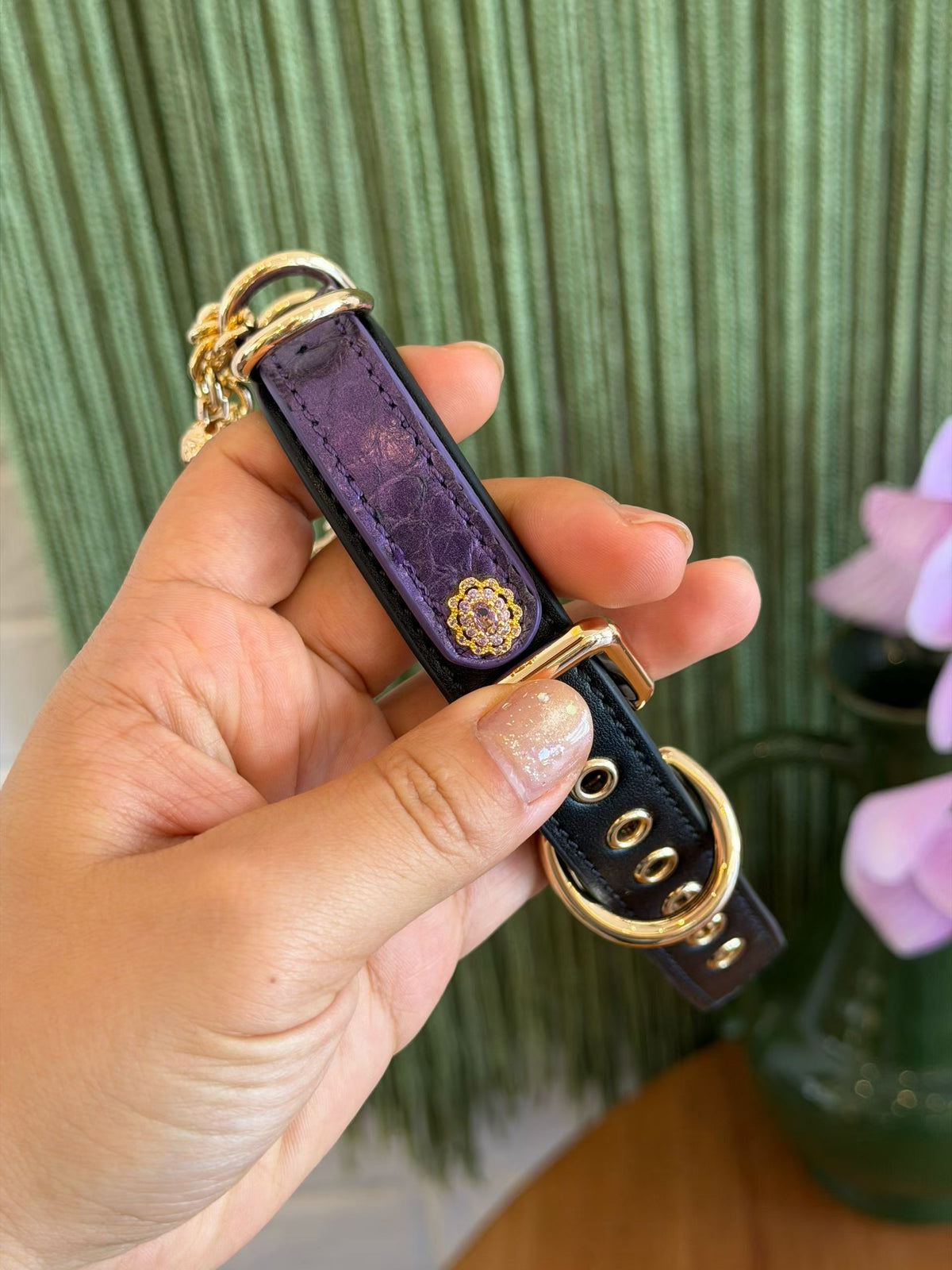 Handmade Metallic Purple Butterfly BDSM Collar with Gold-Tone Chain