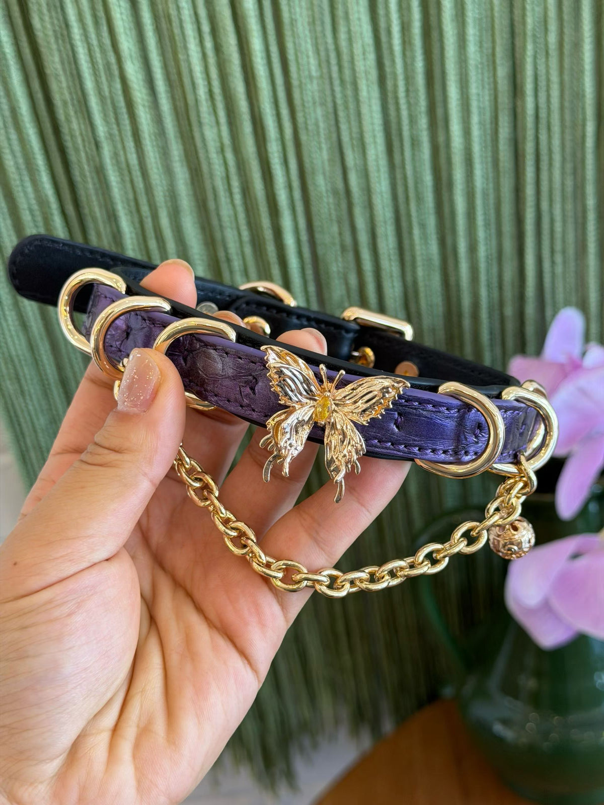 Handmade Metallic Purple Butterfly BDSM Collar with Gold-Tone Chain
