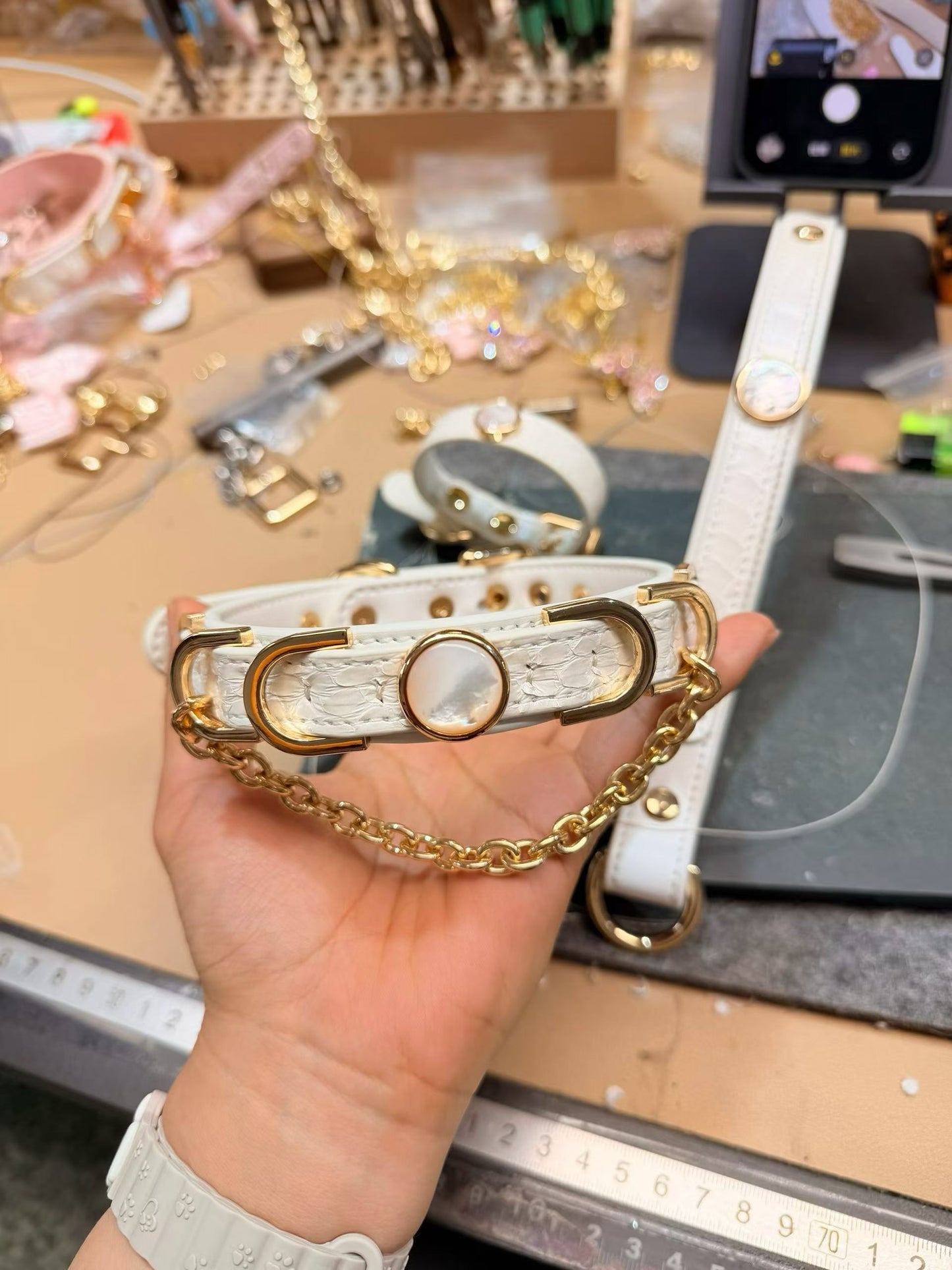 Handmade White Iridescent BDSM Collar with Gold-Tone Chain