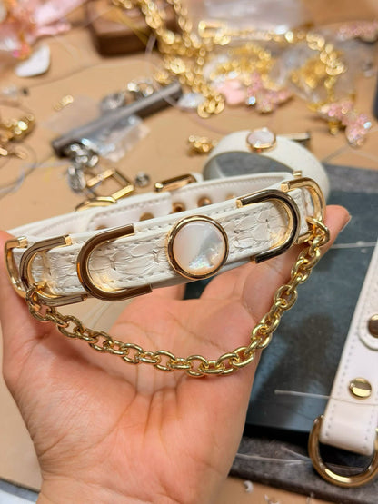 Handmade White Iridescent BDSM Collar with Gold-Tone Chain