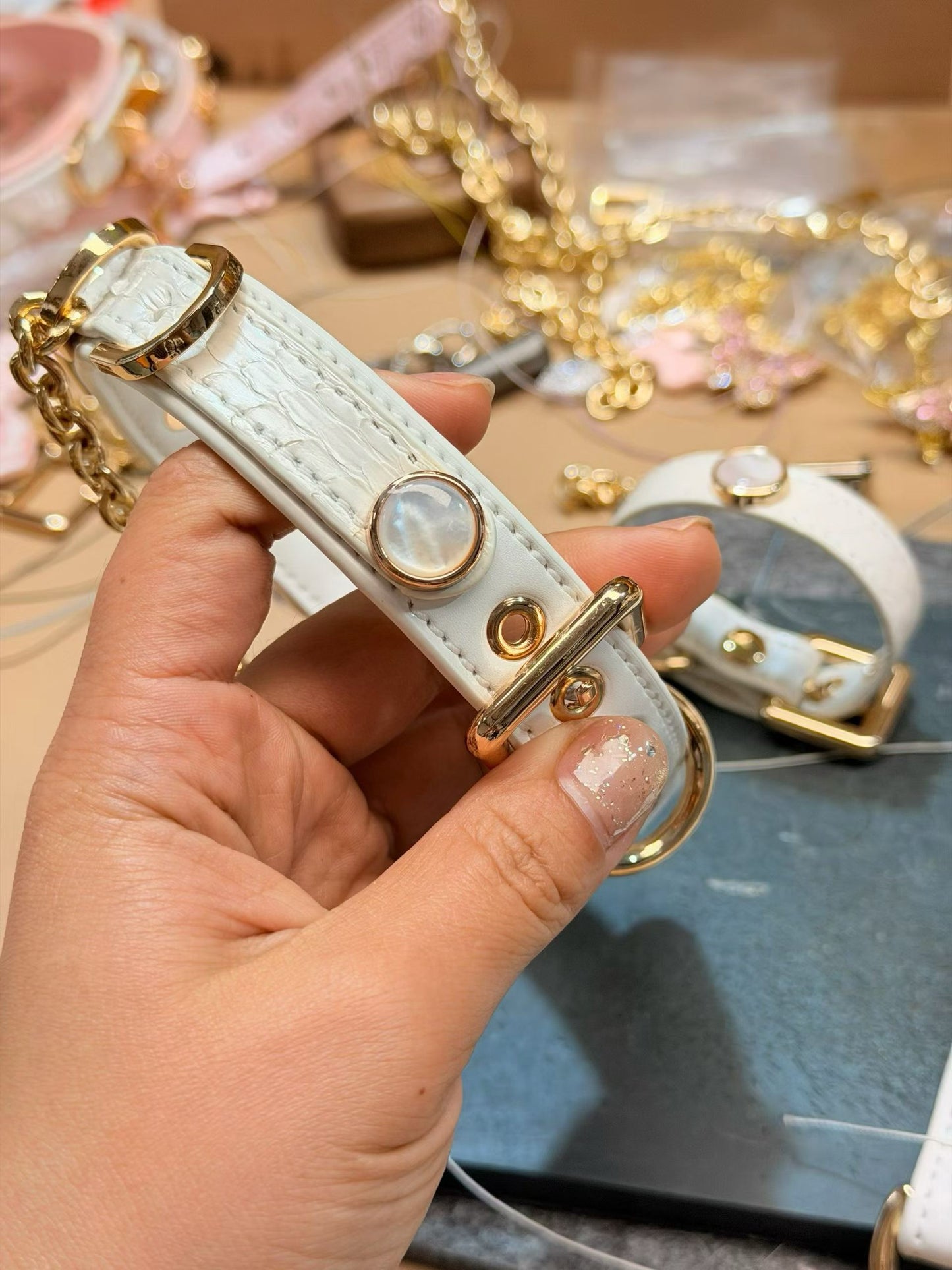 Handmade White Iridescent BDSM Collar with Gold-Tone Chain