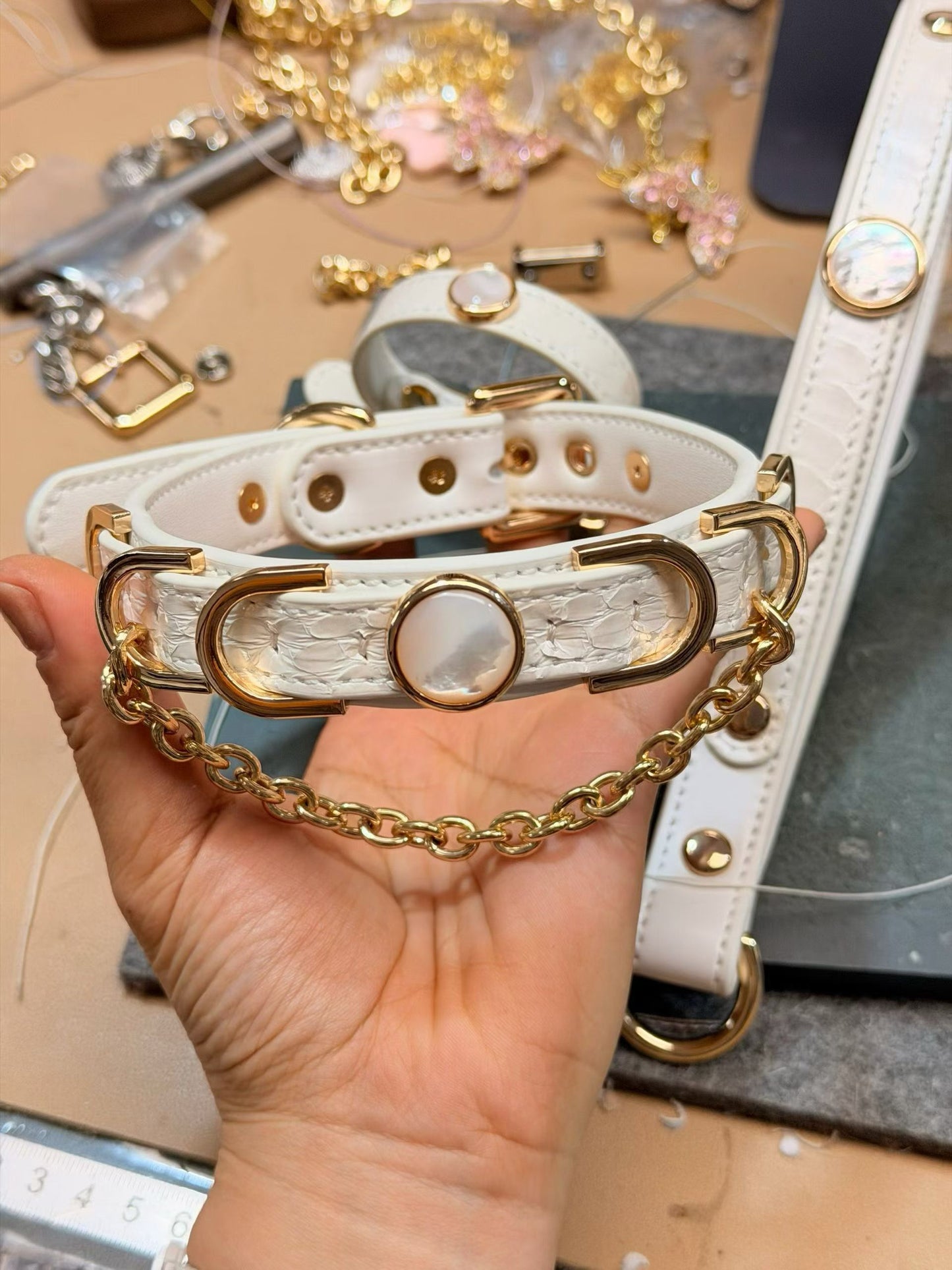 Handmade White Iridescent BDSM Collar with Gold-Tone Chain