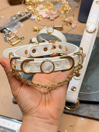 Handmade White Iridescent BDSM Collar with Gold-Tone Chain