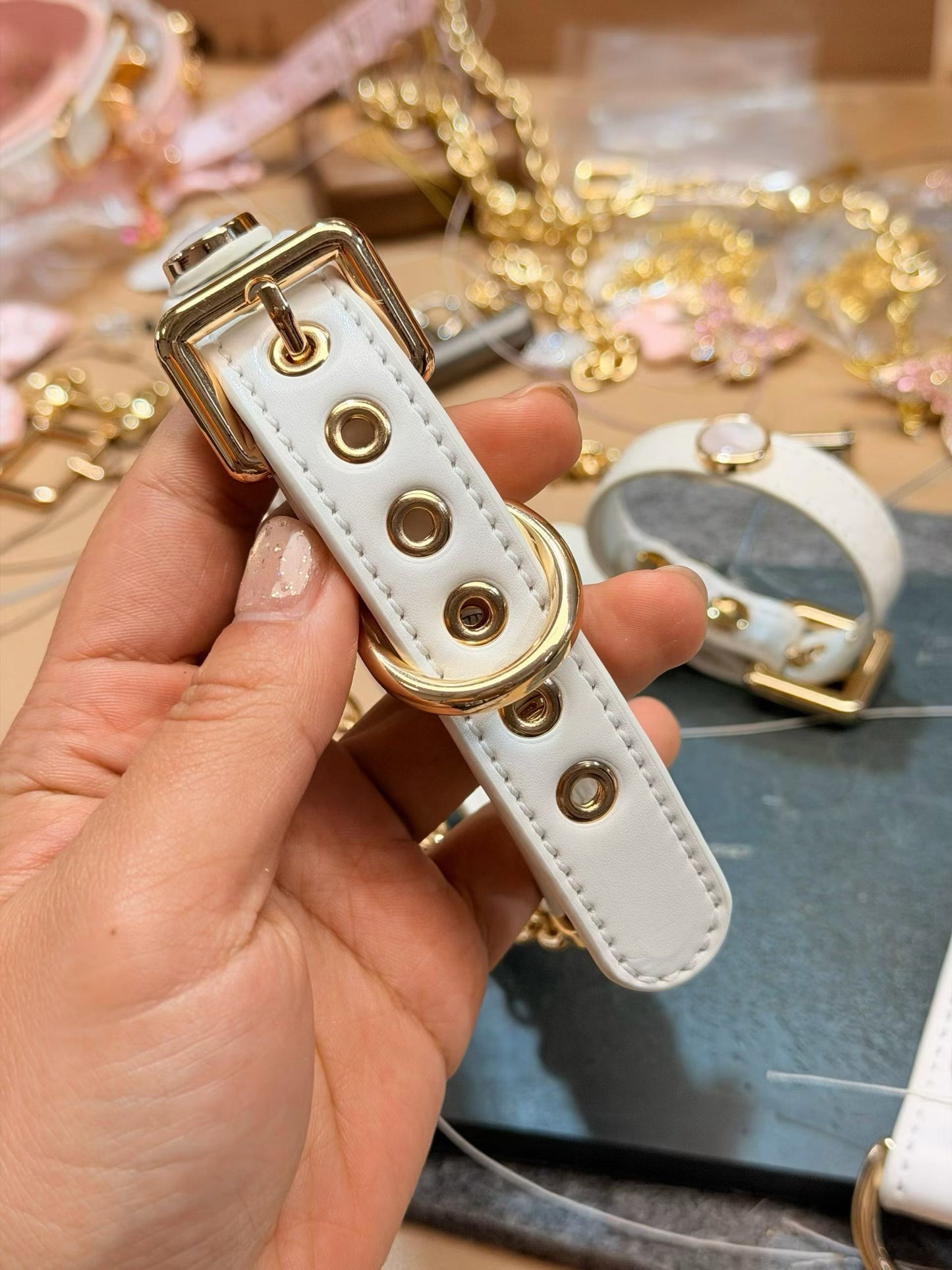 Handmade White Iridescent BDSM Collar with Gold-Tone Chain