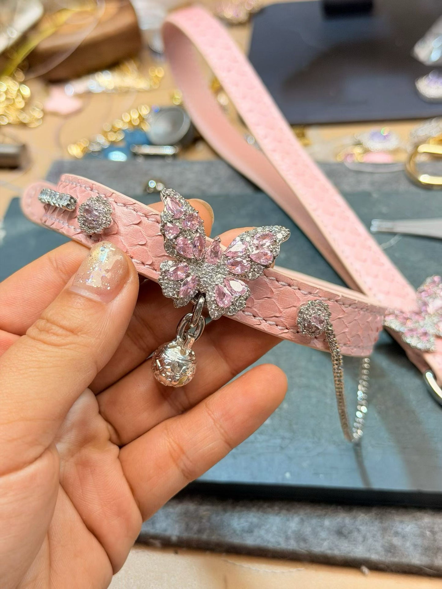 Handmade Blush Pink Butterfly BDSM Collar with Bell