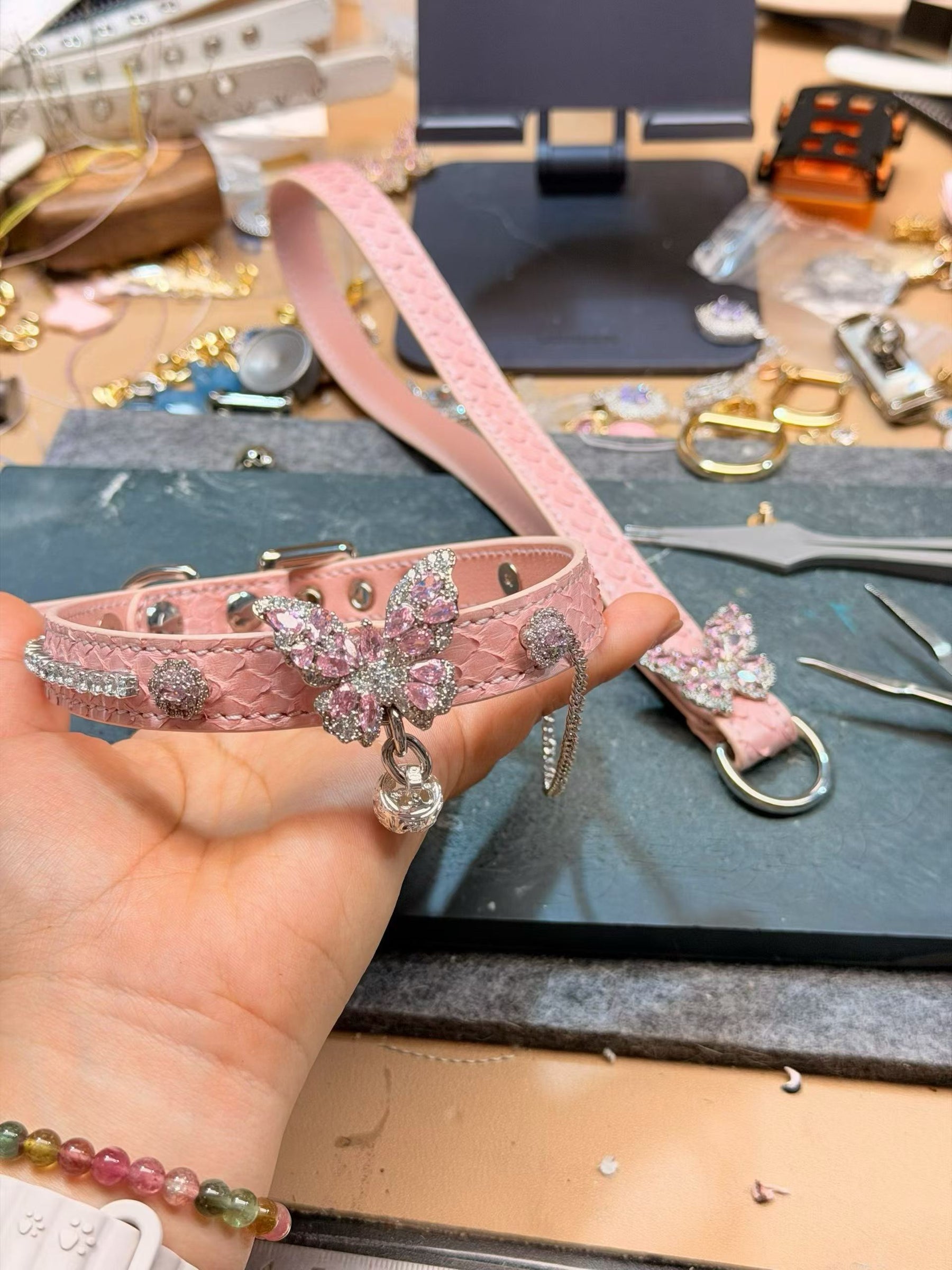 Handmade Blush Pink Butterfly BDSM Collar with Bell