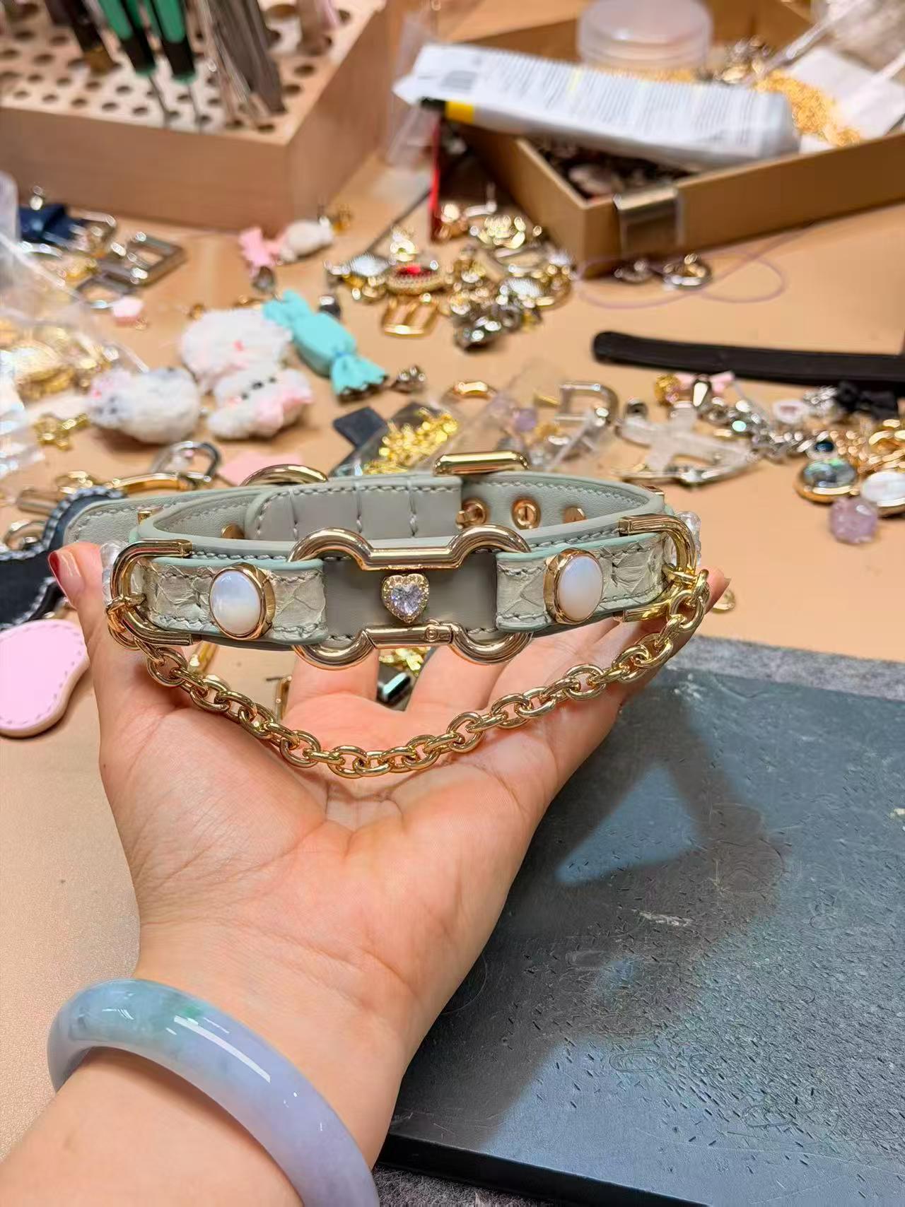 Handmade Sage Green Heart BDSM Collar with Gold-Tone Chain