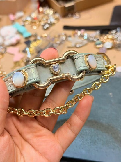 Handmade Sage Green Heart BDSM Collar with Gold-Tone Chain
