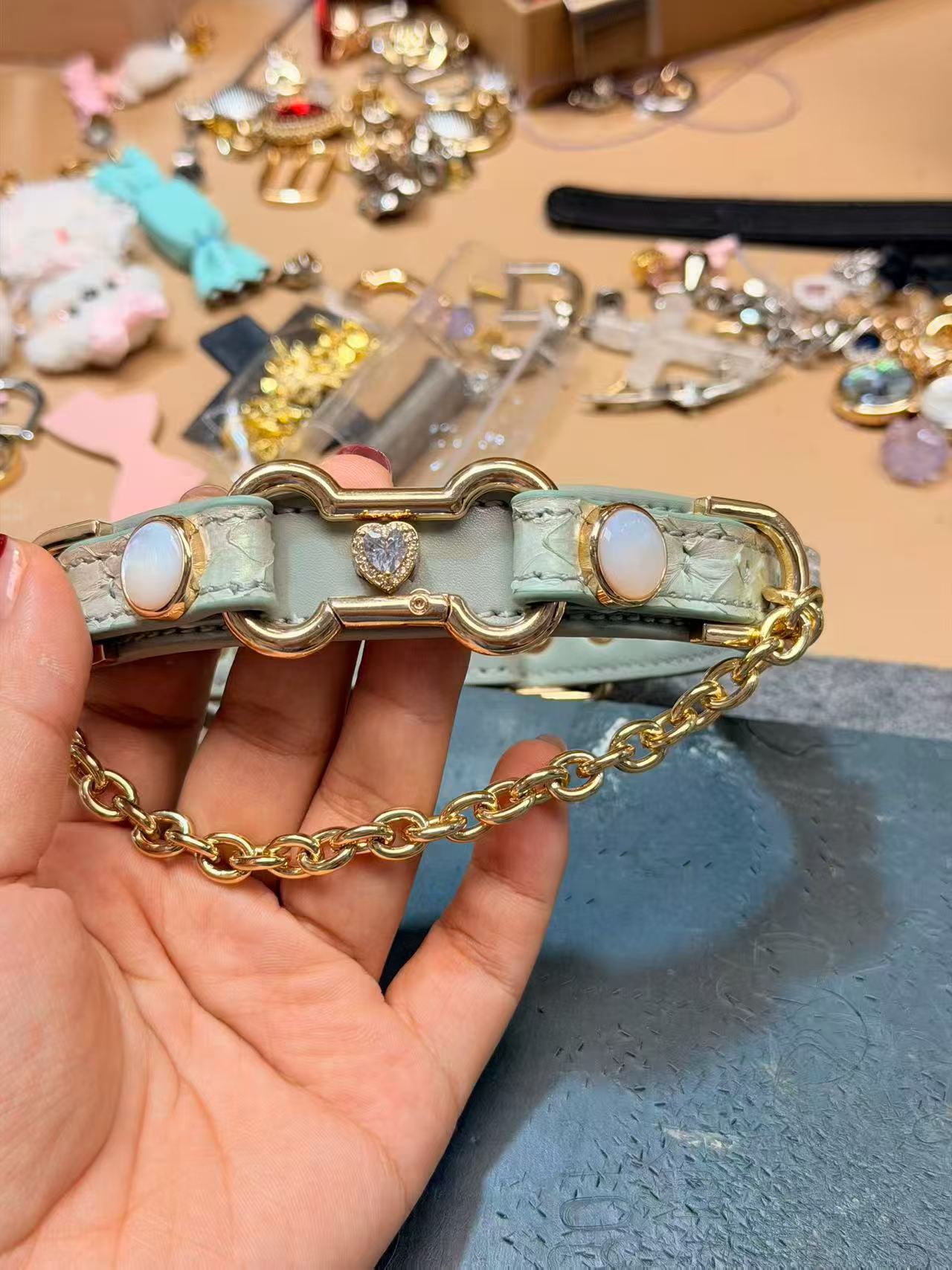Handmade Sage Green Heart BDSM Collar with Gold-Tone Chain