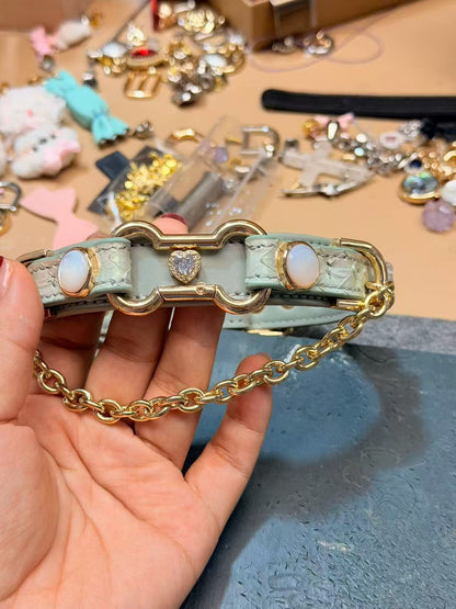 Handmade Sage Green Heart BDSM Collar with Gold-Tone Chain