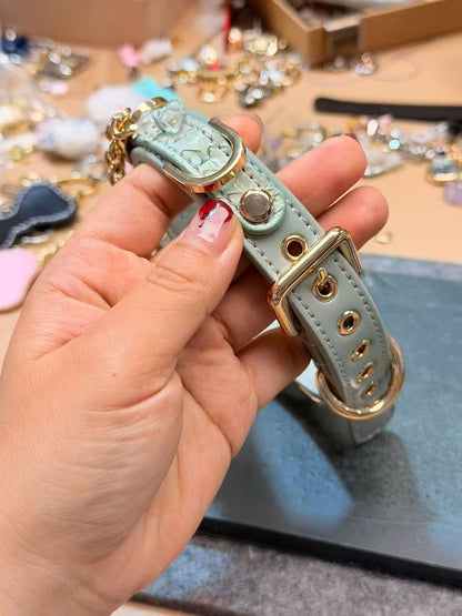 Handmade Sage Green Heart BDSM Collar with Gold-Tone Chain