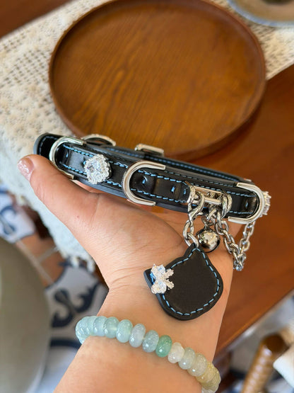 Luxury Black Pet Collar with Blue Stitching, Crystal Accents & Cat Charm