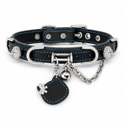Luxury Black Pet Collar with Blue Stitching, Crystal Accents & Cat Charm