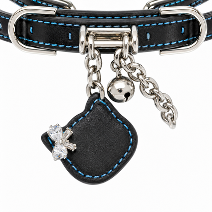 Luxury Black Pet Collar with Blue Stitching, Crystal Accents & Cat Charm