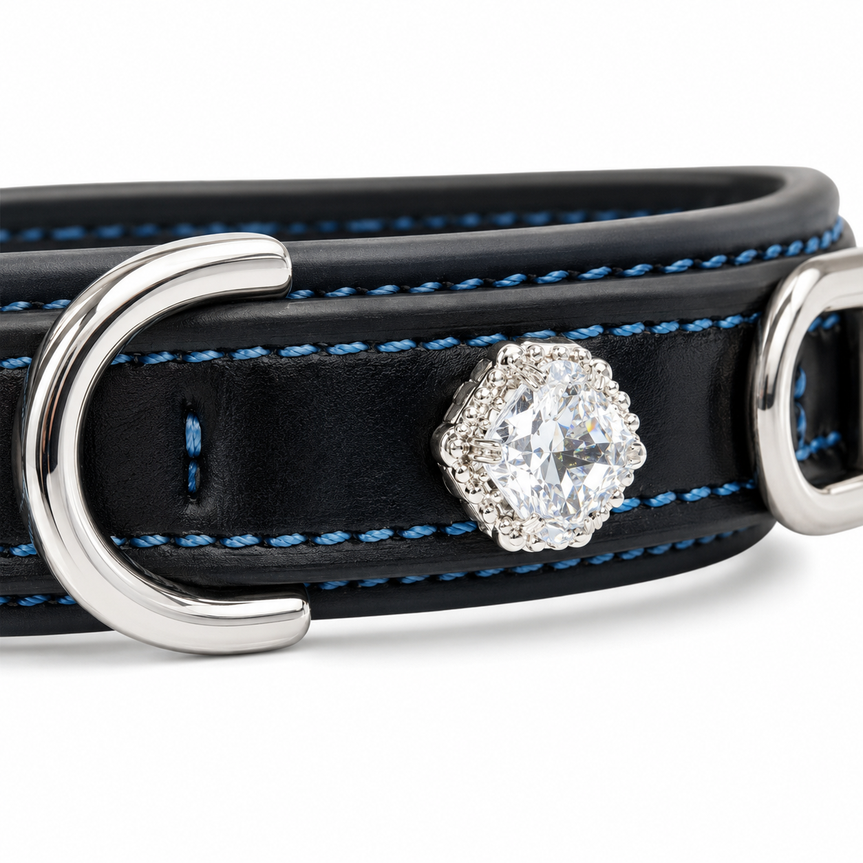 Luxury Black Pet Collar with Blue Stitching, Crystal Accents & Cat Charm