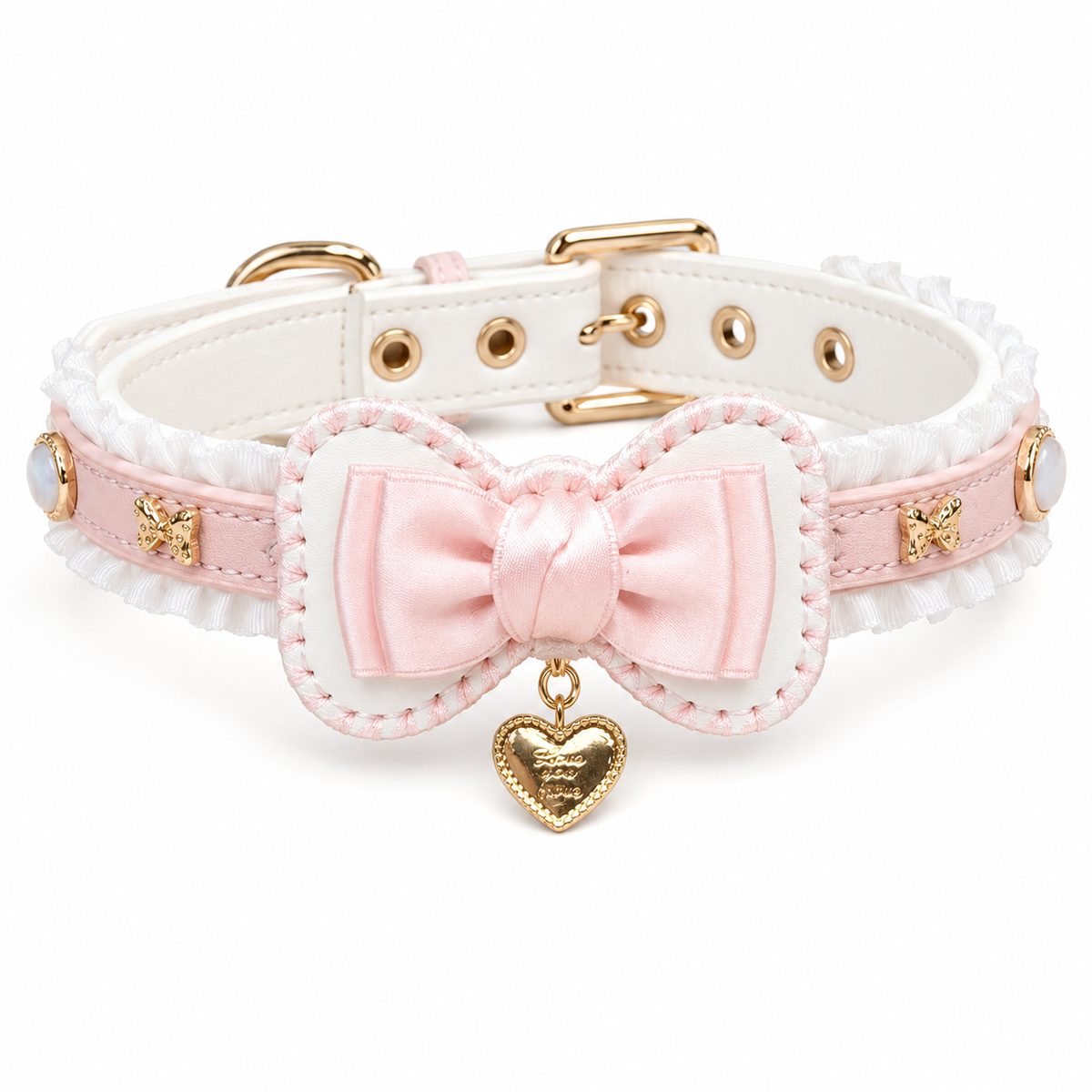 Handmade Blush Pink Ruffle Bow BDSM Collar with Heart Charm