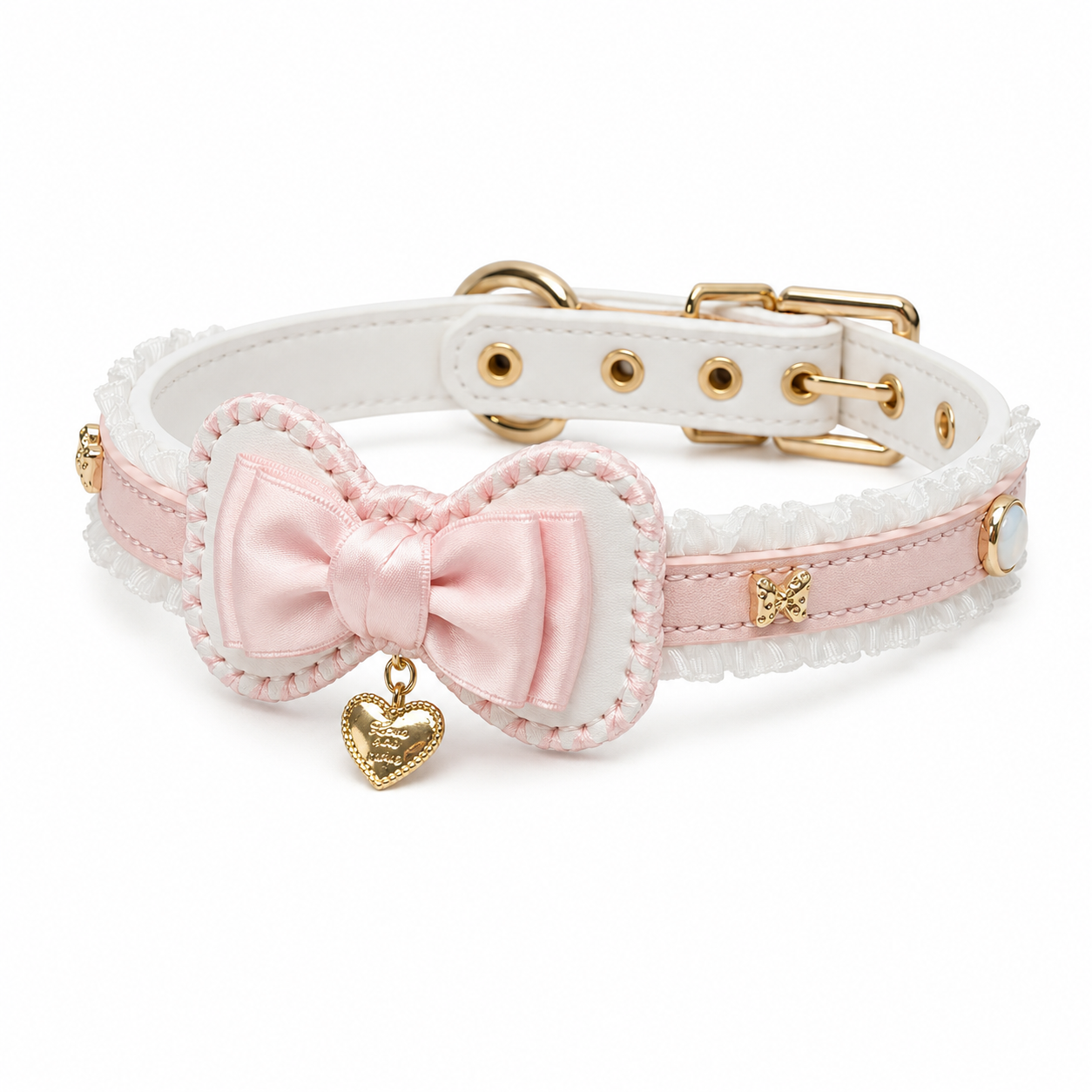 Handmade Blush Pink Ruffle Bow BDSM Collar with Heart Charm