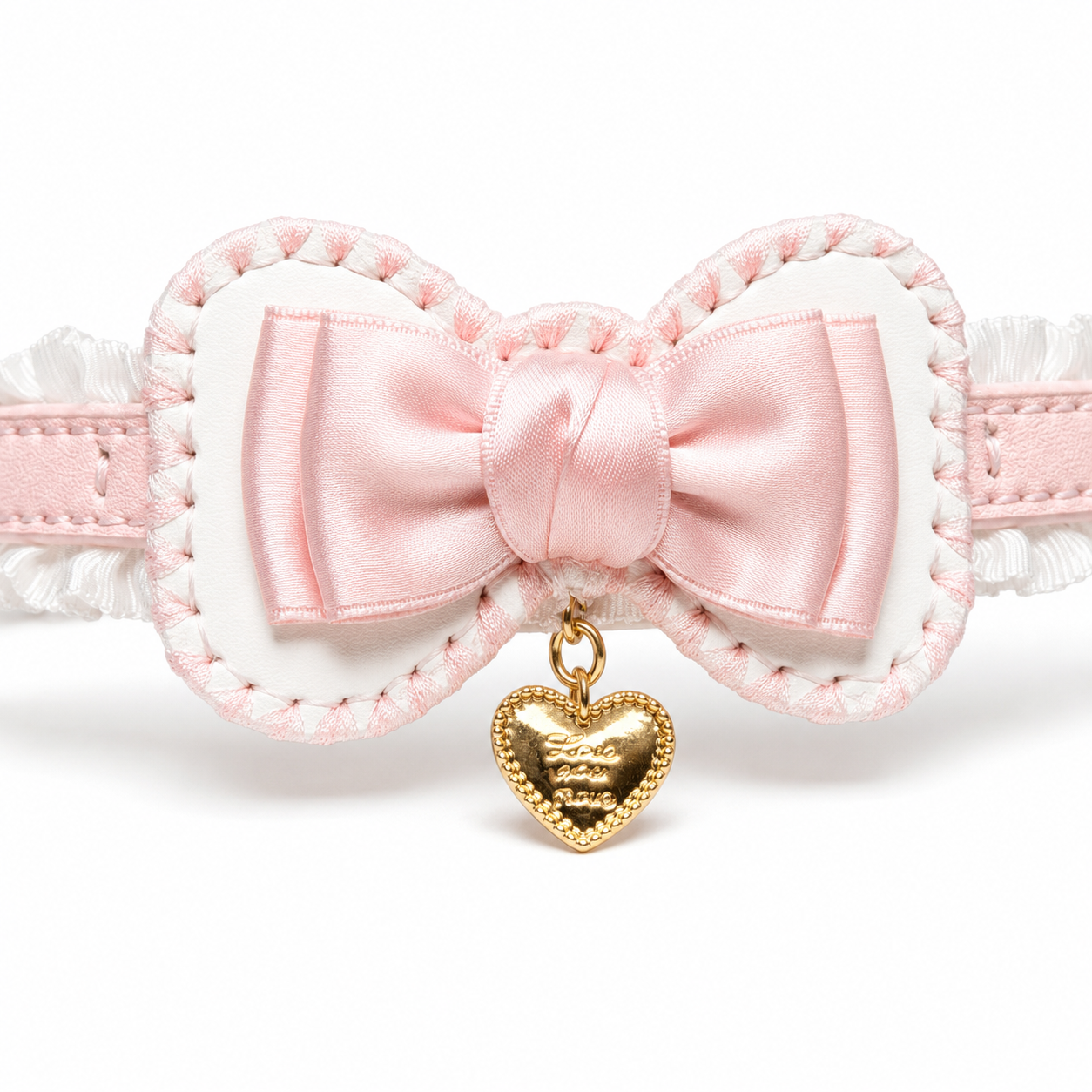 Handmade Blush Pink Ruffle Bow BDSM Collar with Heart Charm