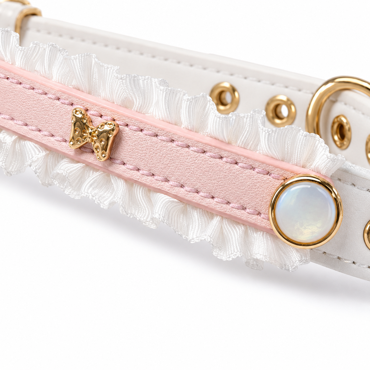 Handmade Blush Pink Ruffle Bow BDSM Collar with Heart Charm